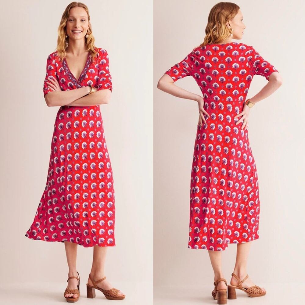 Boden Rebecca Jersey Midi Tea Dress In Passion Geo Orange Size 6R Party Shower